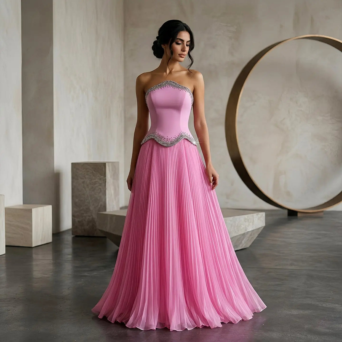 Romantic Pink Strapless Beaded Chiffon Evening Dress SS789