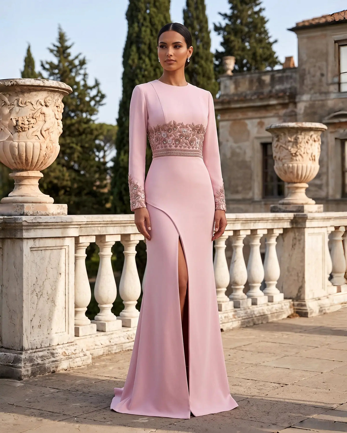 Pink Long Sleeve Beaded Fitted Evening Dress SS525