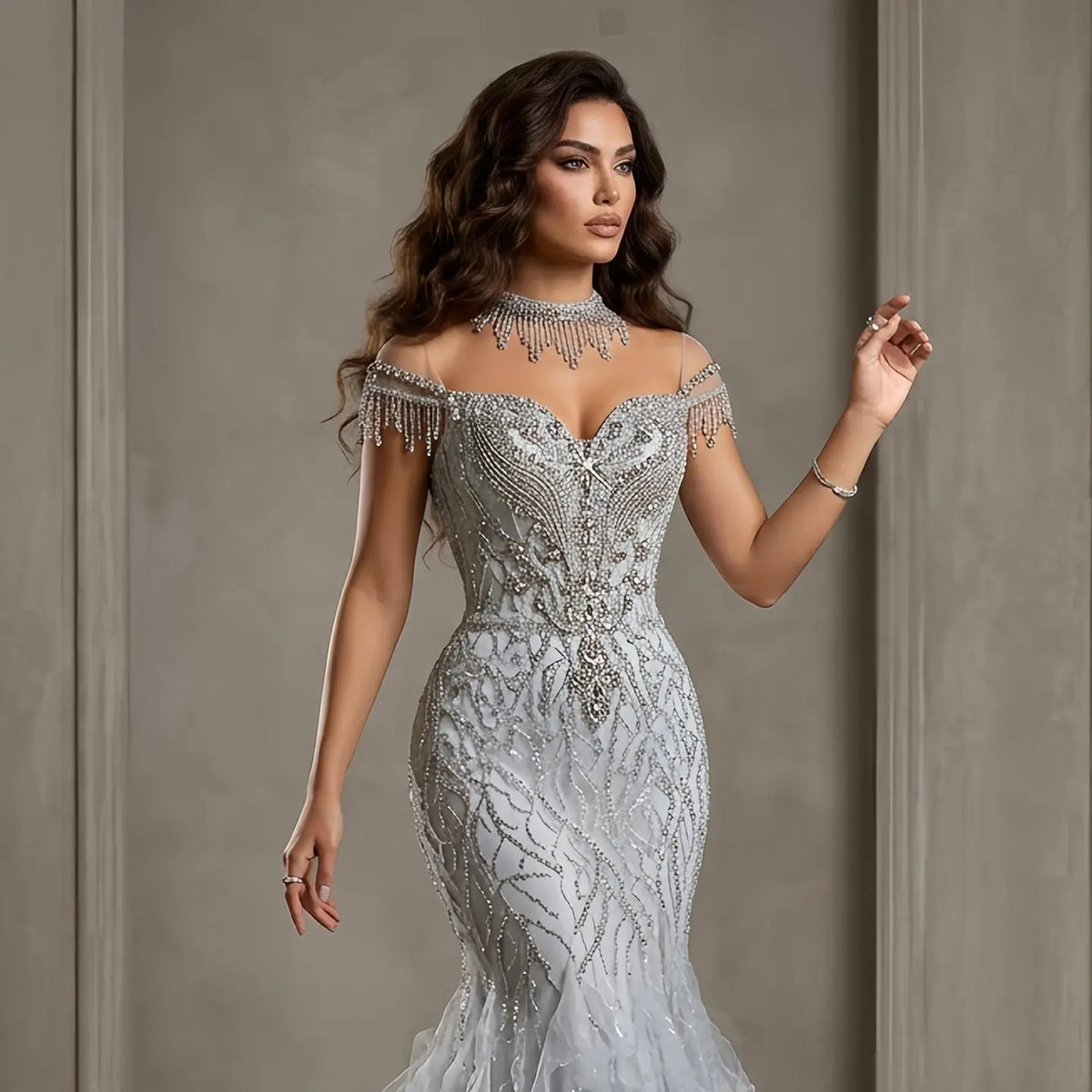 Luxury Silver Gray Beaded Tulle Mermaid Train Evening Dress SS746 