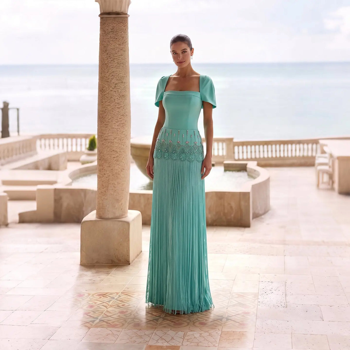 Aqua Blue Tassel Crystal Beaded Sheath Dress SS292