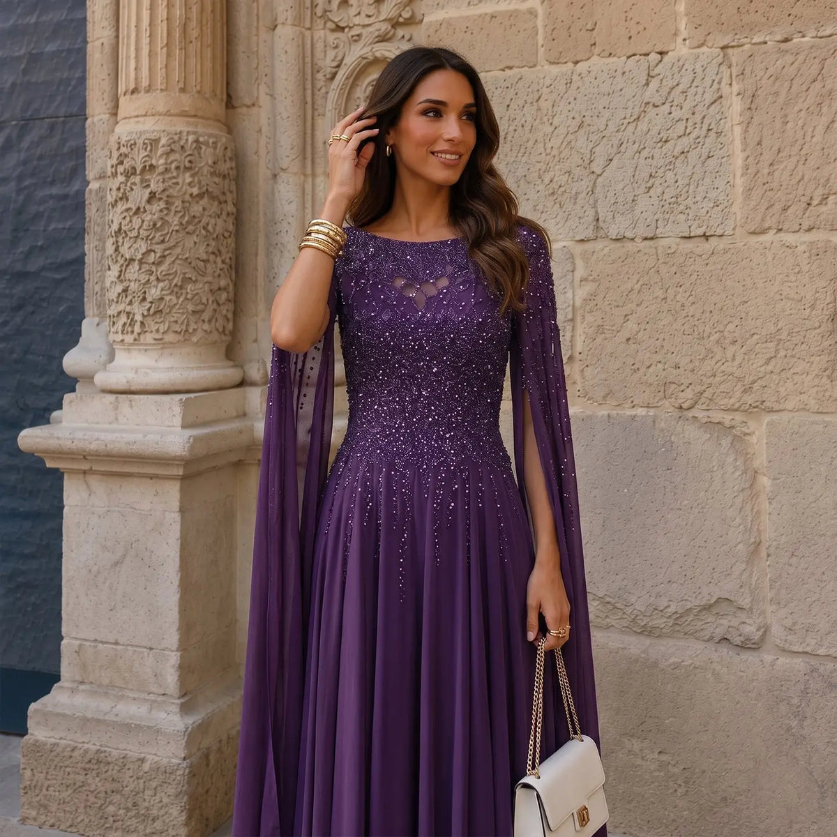 Peacock Blue Sequin Cape Sleeve Evening Dress SS105-11