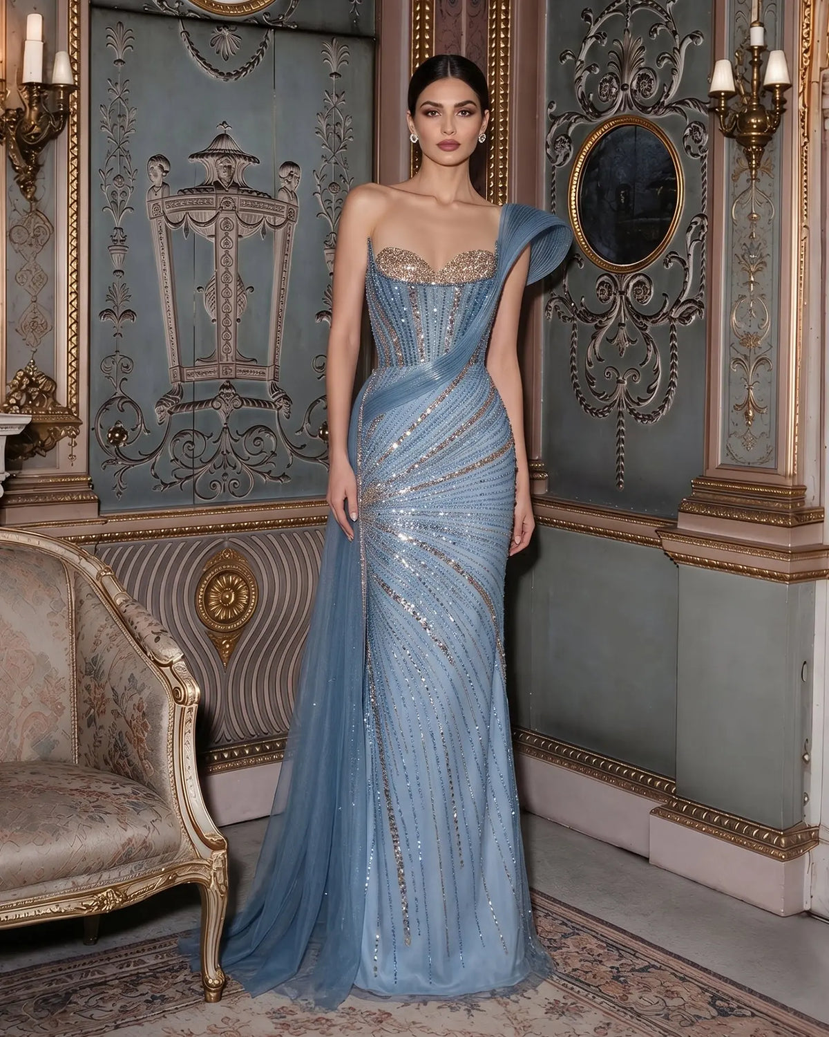 Blue Sequin Pleated One Shoulder Evening Dress