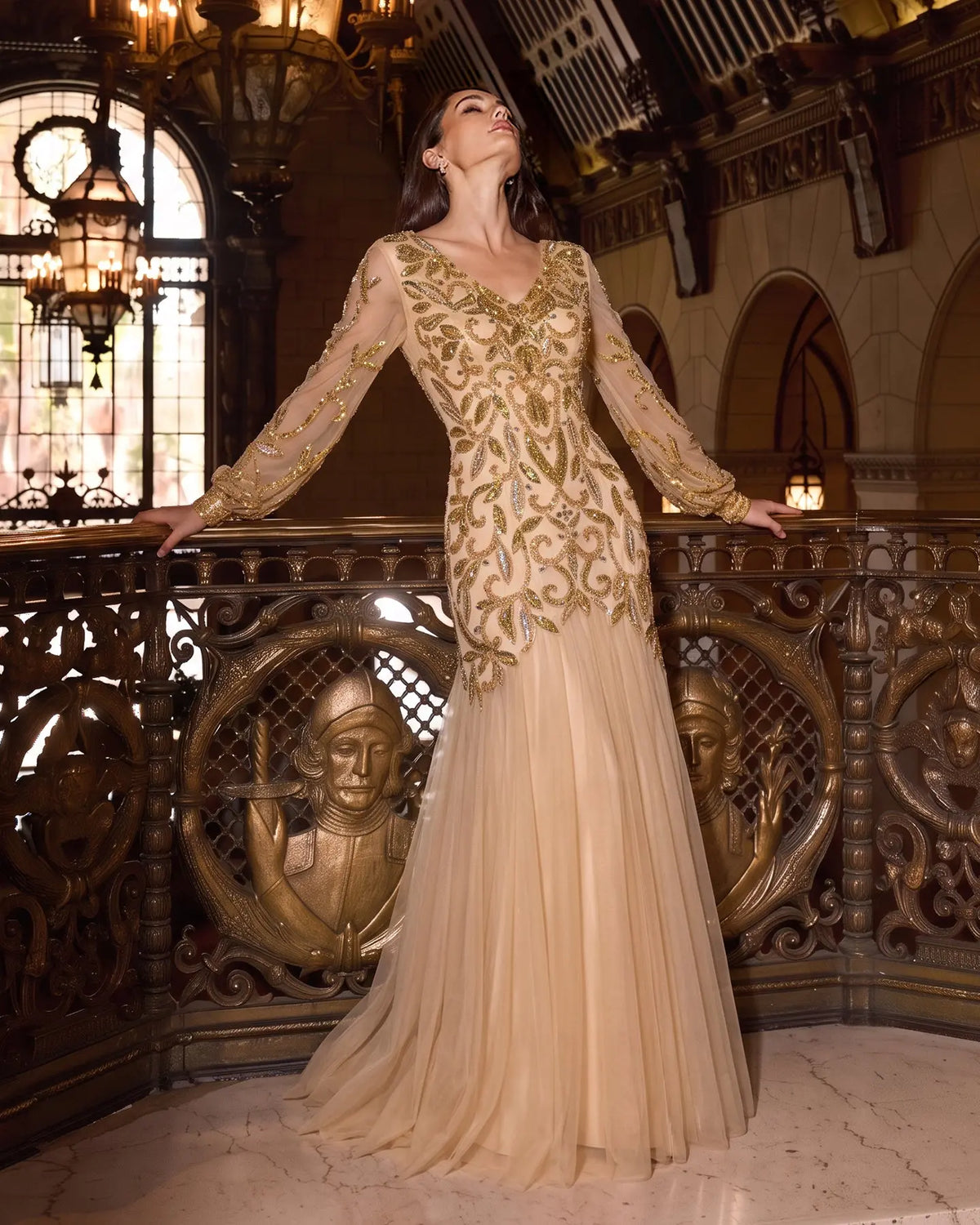 Gold V Neck Long Sleeve Sequins Evening Gown XD080-1