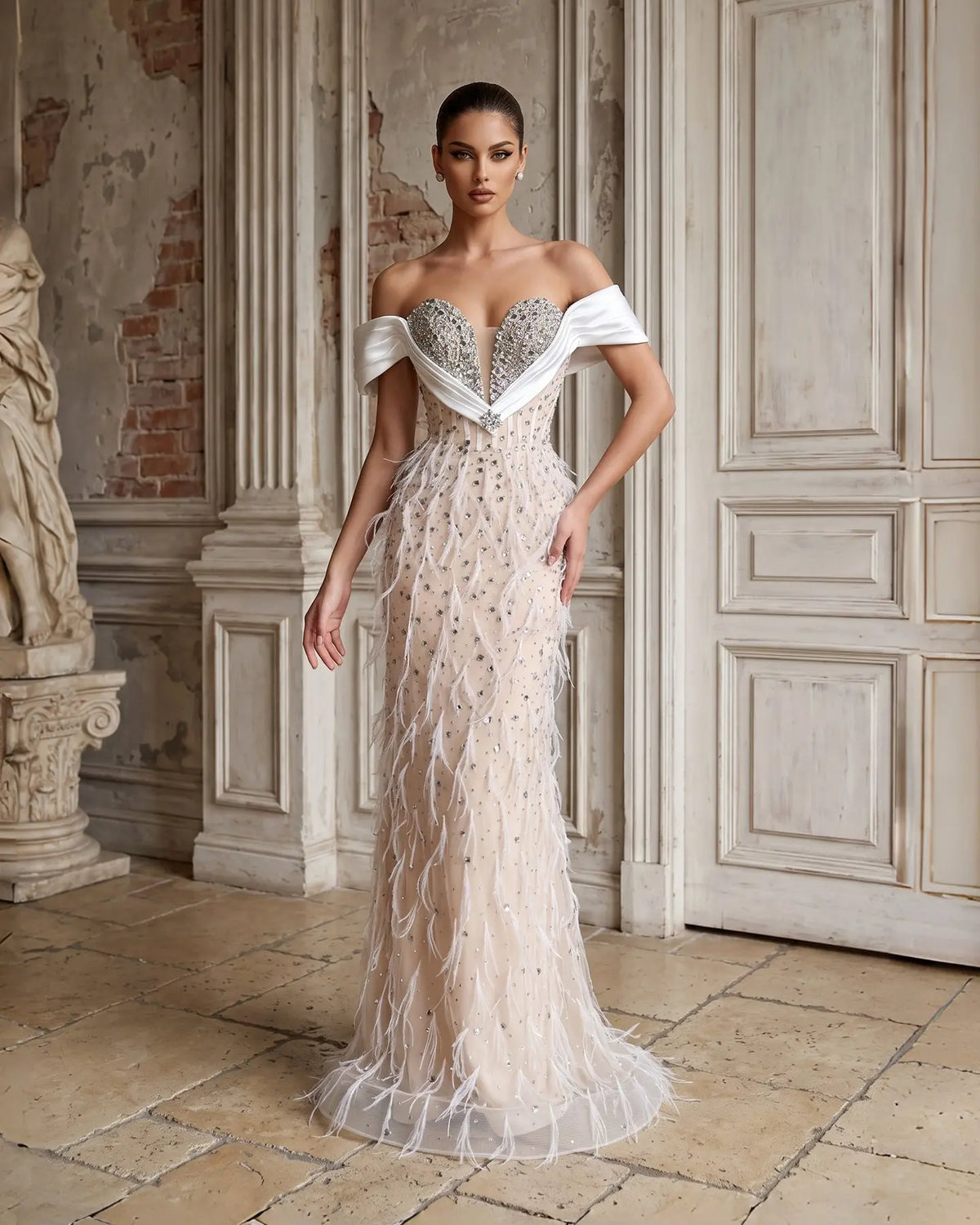 White Nude Off Shoulder Feather Evening Gown SS640