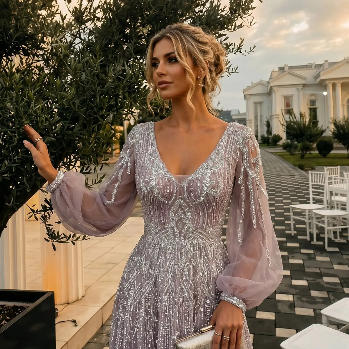 Glamorous Pink Allover Beaded Sheer Tulle Bubble Sleeve Formal Evening – SHARONSAID