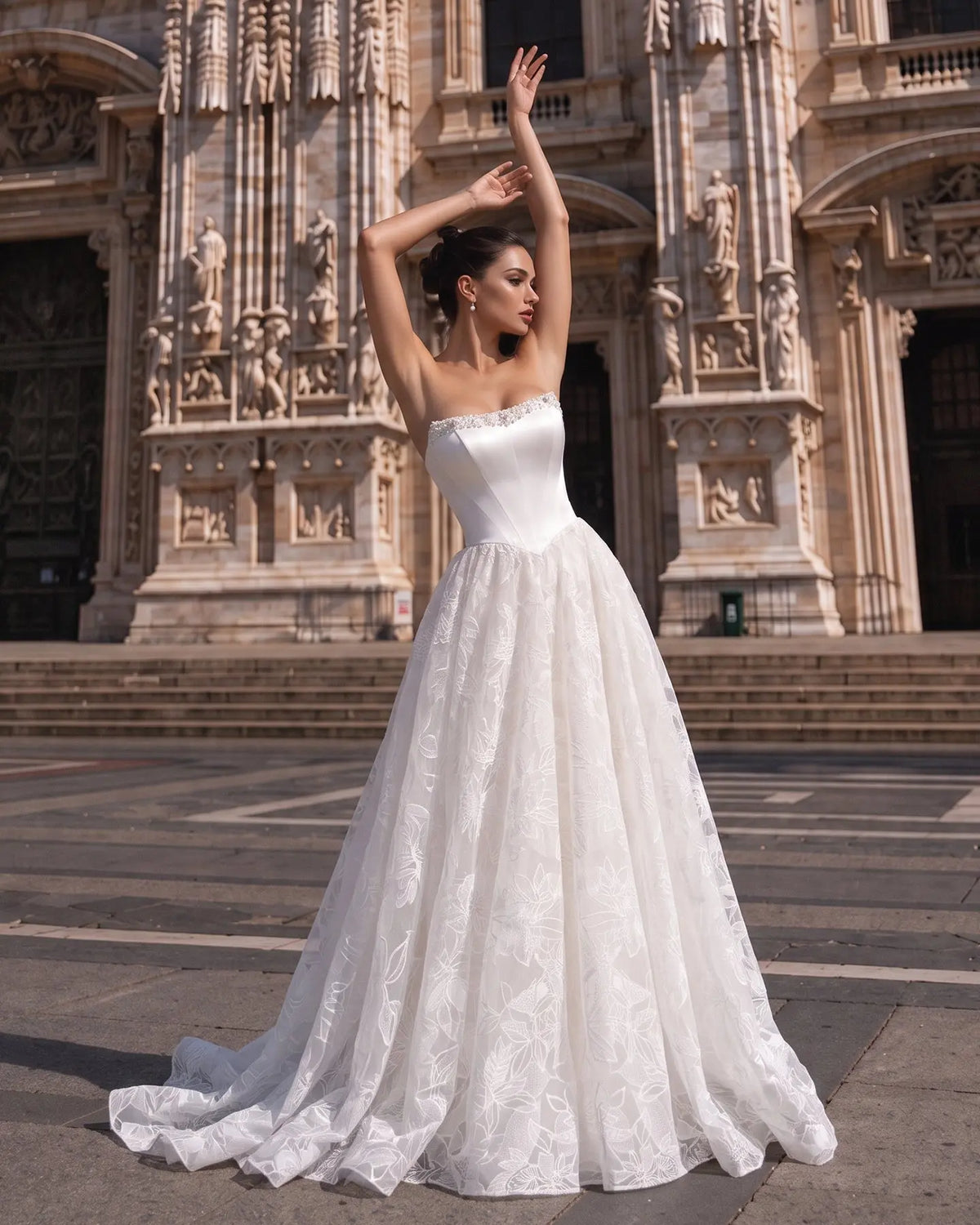 Off White Strapless Satin Lace Wedding Dress