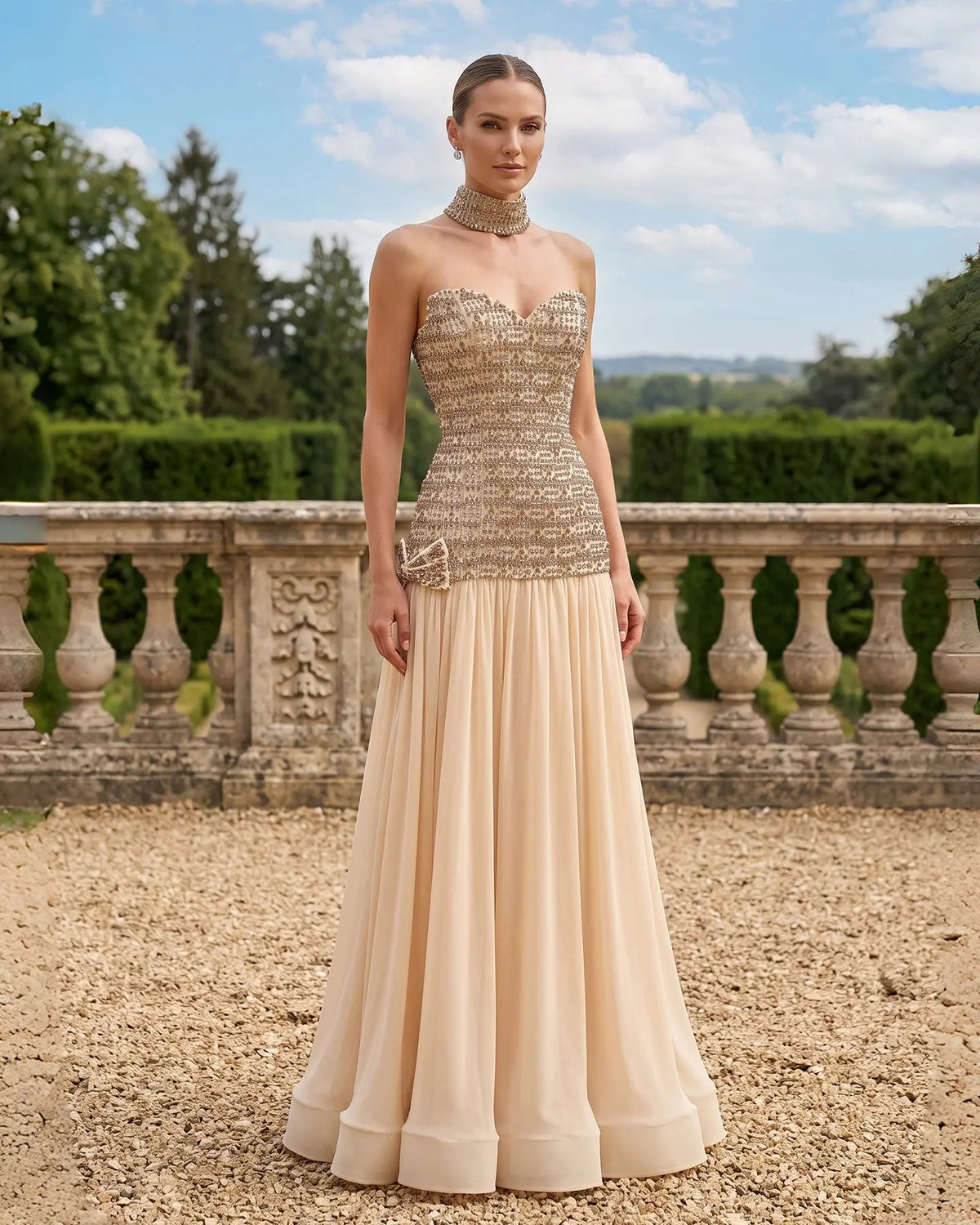 Gold Beaded Corset Evening Dress with Choker SS504