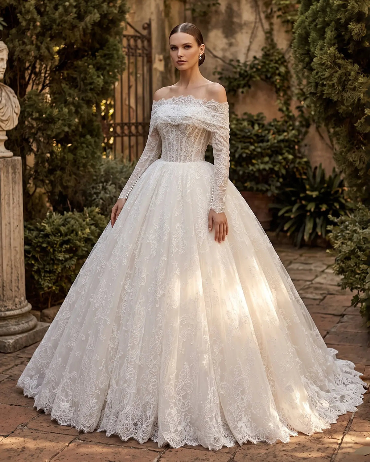 White Off Shoulder Lace Ball Gown Wedding Dress SW690