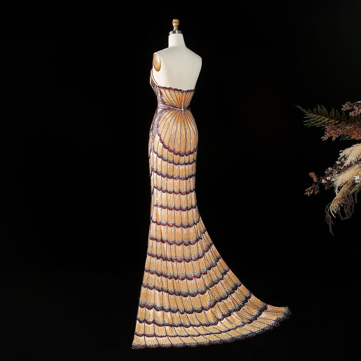 Luxury Mixed Purple Beaded Train Evening Dress with Overskirt SS656 