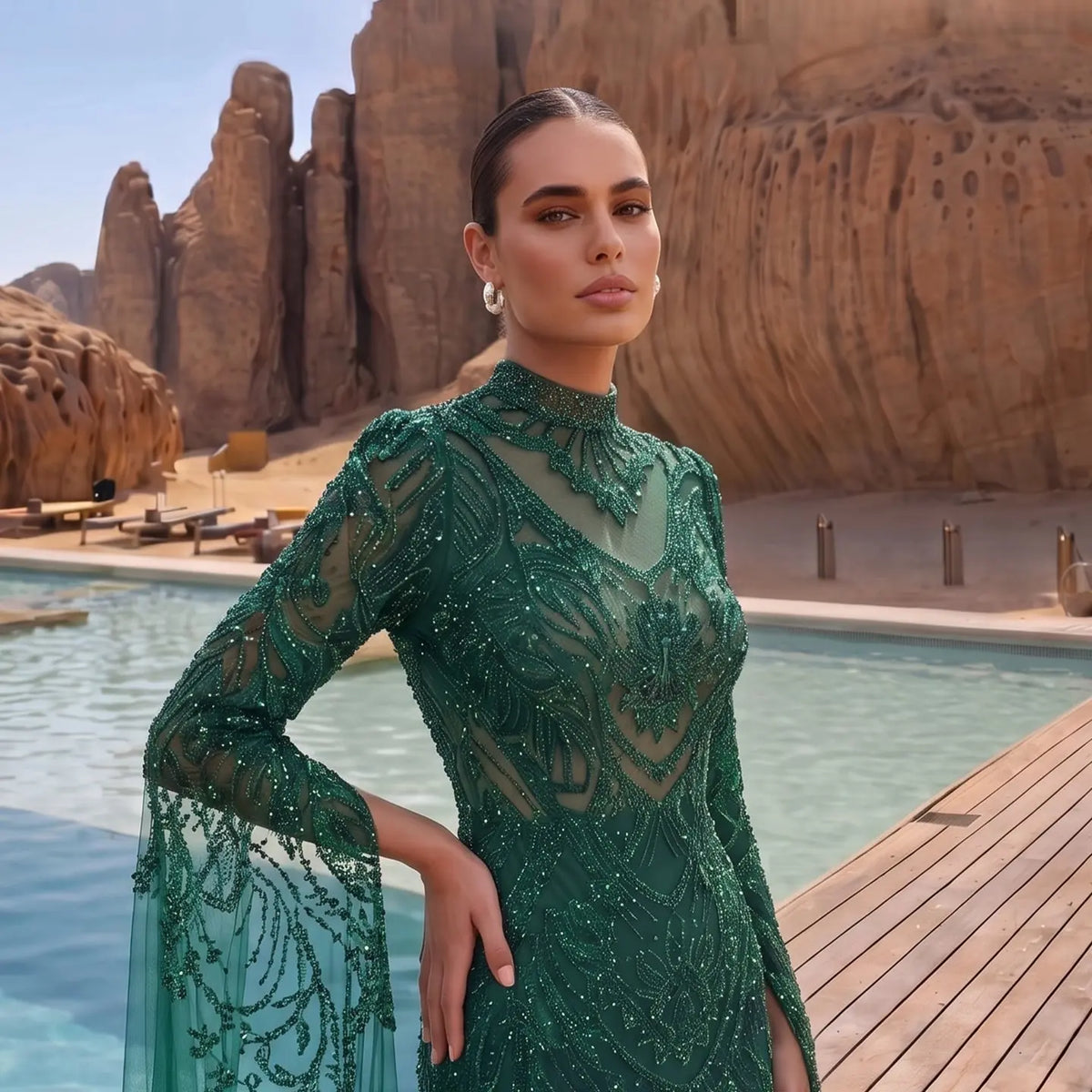 Emerald Green Beaded Cape Sleeve Evening Dress SS017
