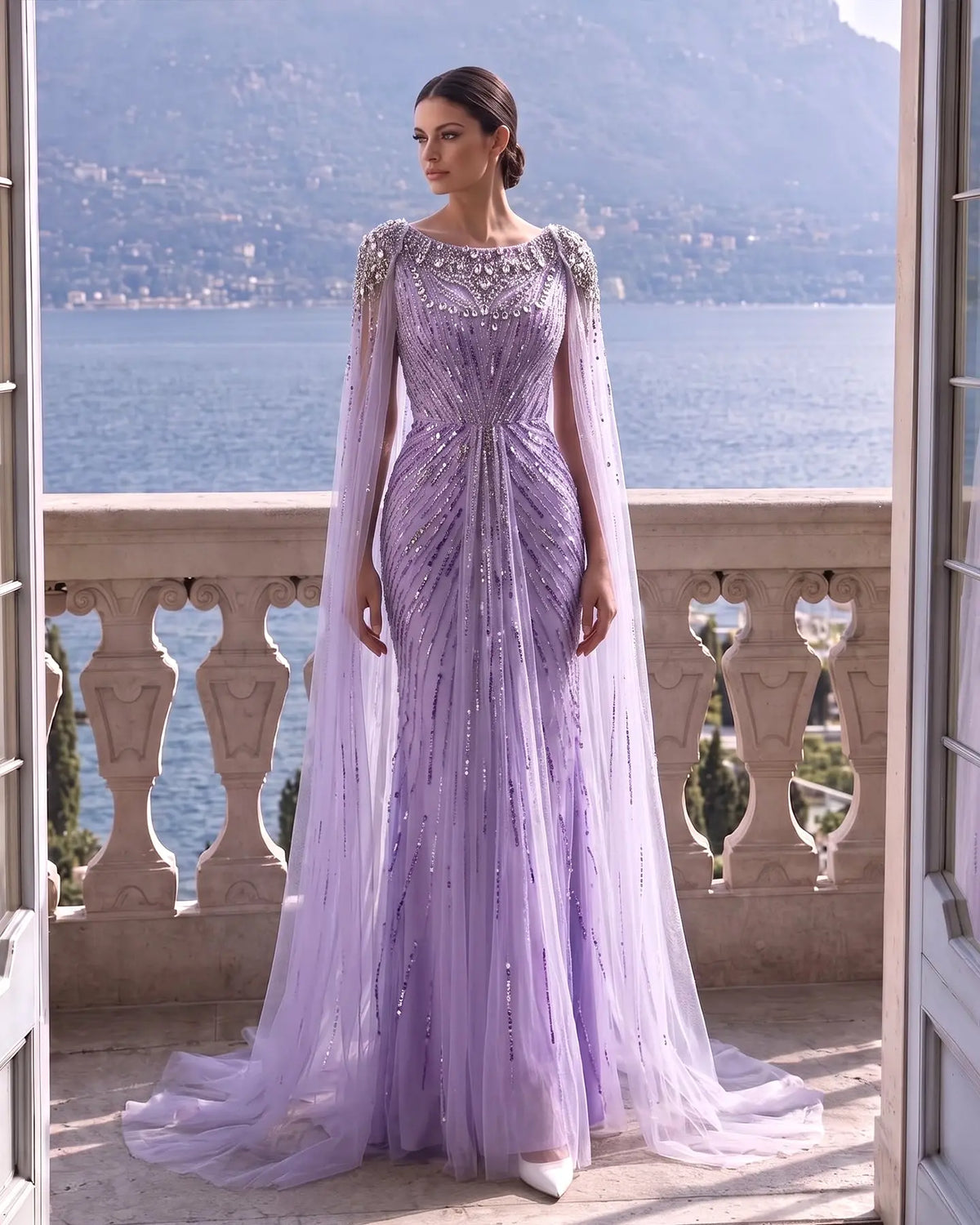 Luxury Crystal Lilac Evening Dress with Cape Sleeves SS549