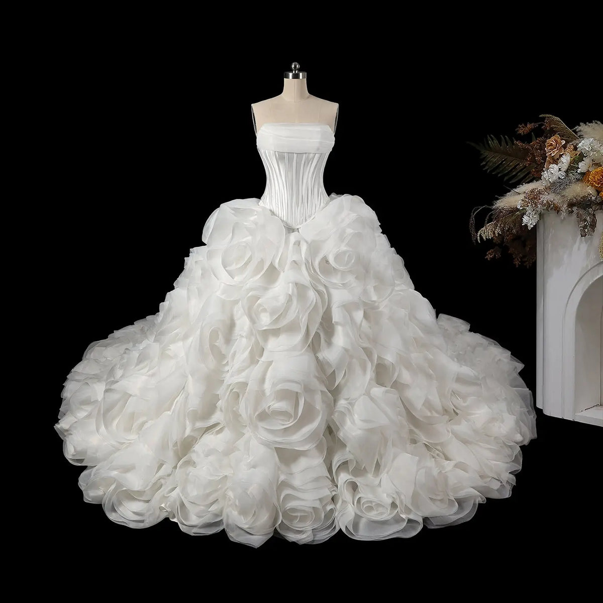 White Corset Rose Ruffle Ball Gown Dress SW751
