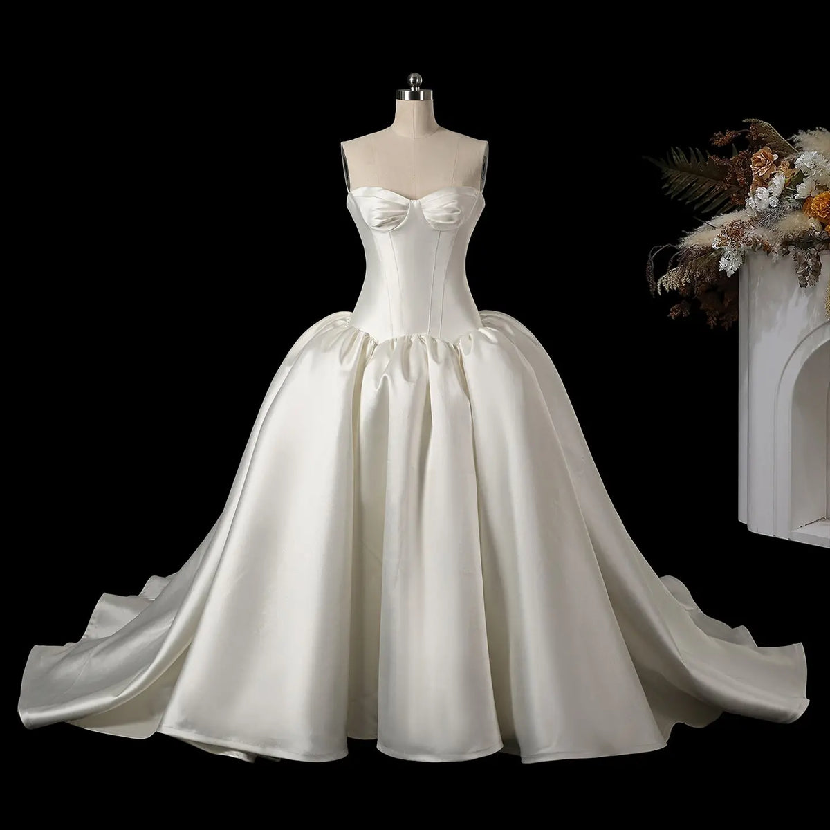 White Satin Strapless Ball Gown Wedding Dress SW191