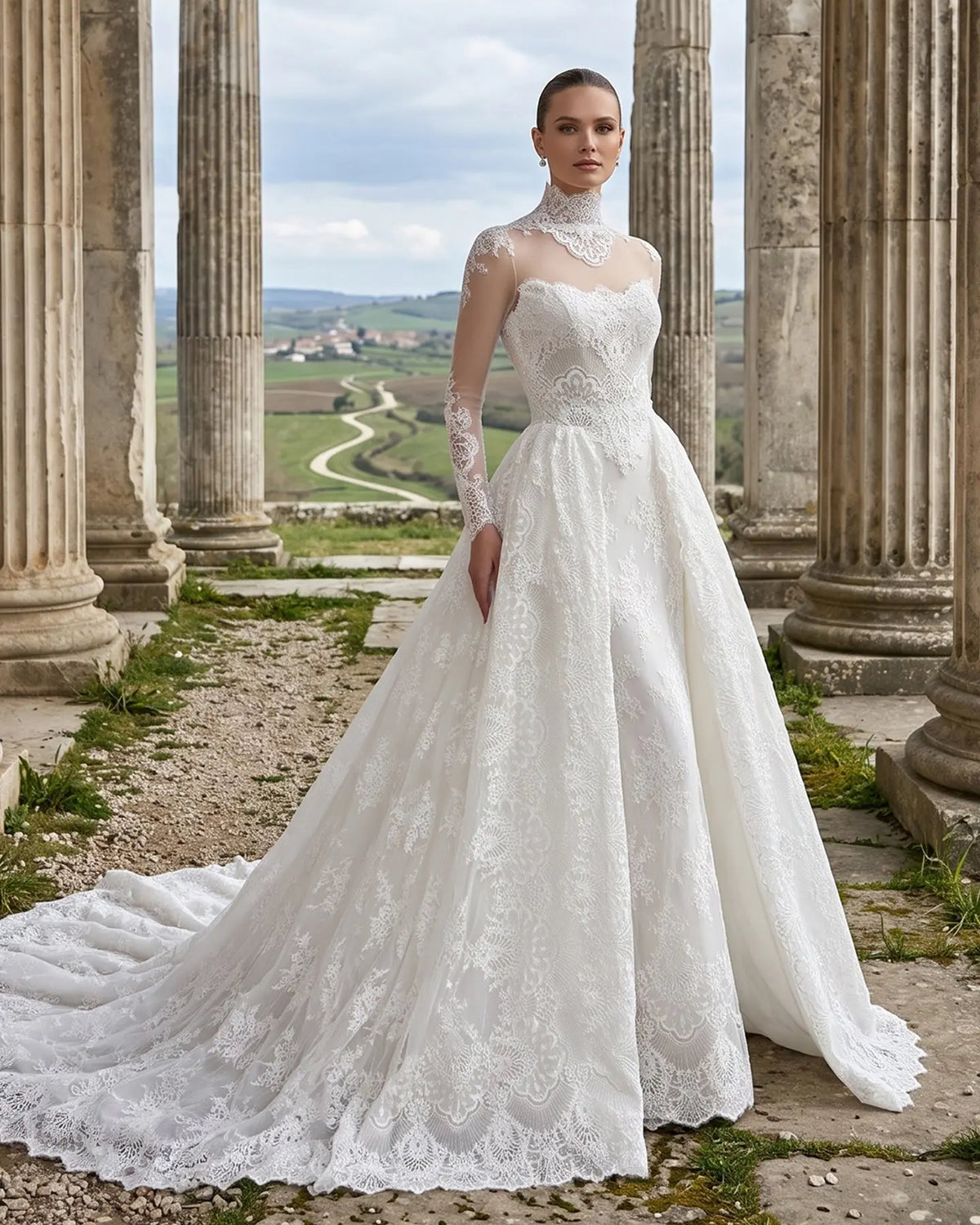 White Long Sleeve Lace Bridal Dress High Neck SW687