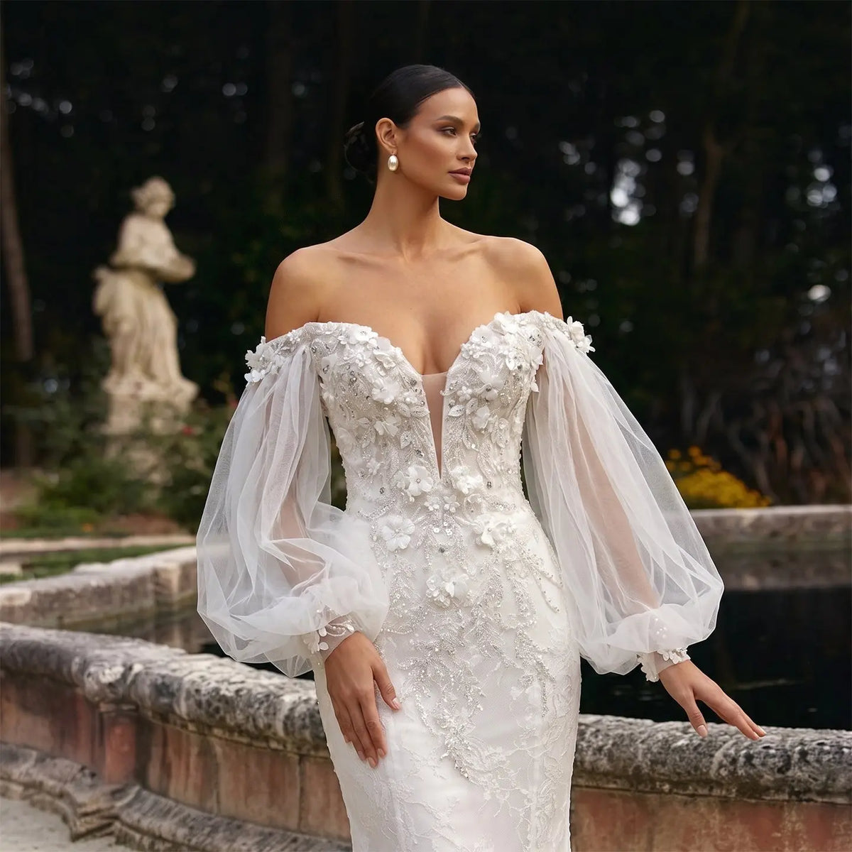 White Off‑The‑Shoulder Puff Sleeve 3D Floral Mermaid Wedding Dress SW630