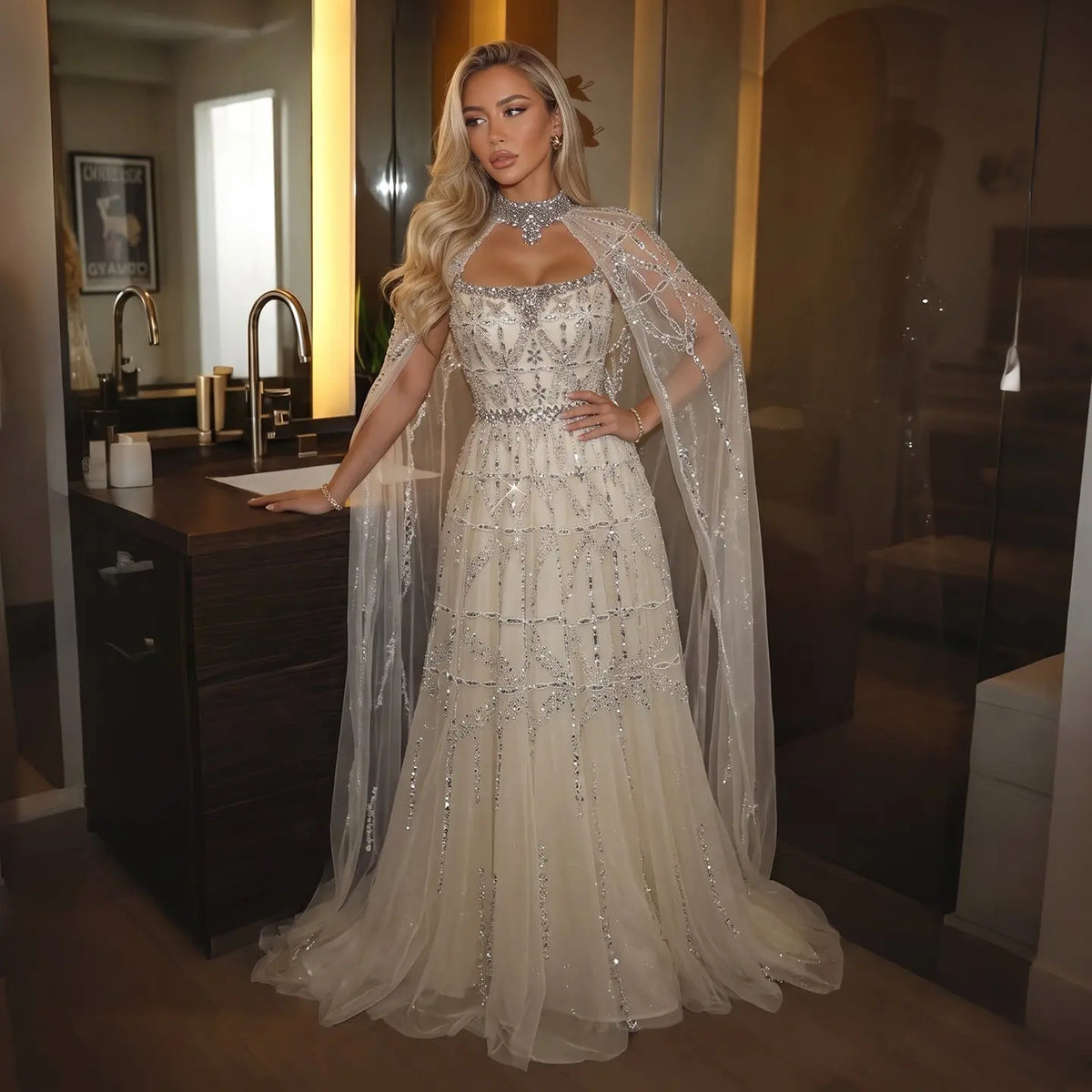 Luxury Cream Heavy Beaded Train Evening Dress with Cape SS486