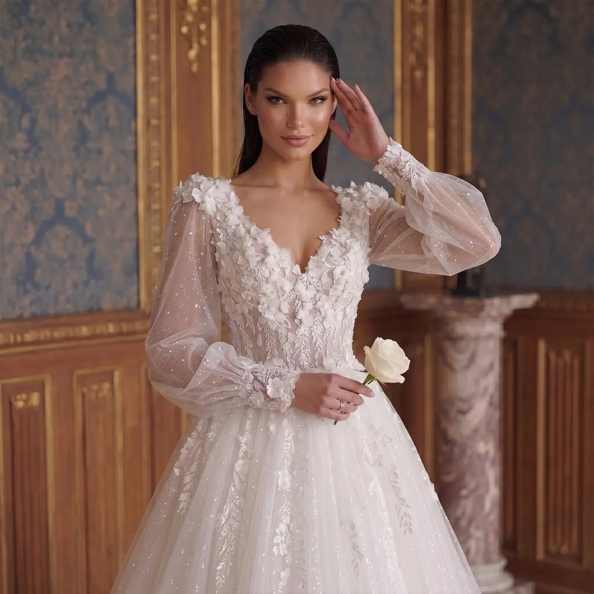 Elegant White V-Neck Long Sleeve Lace-Up Back A-Line Wedding Dress SW716