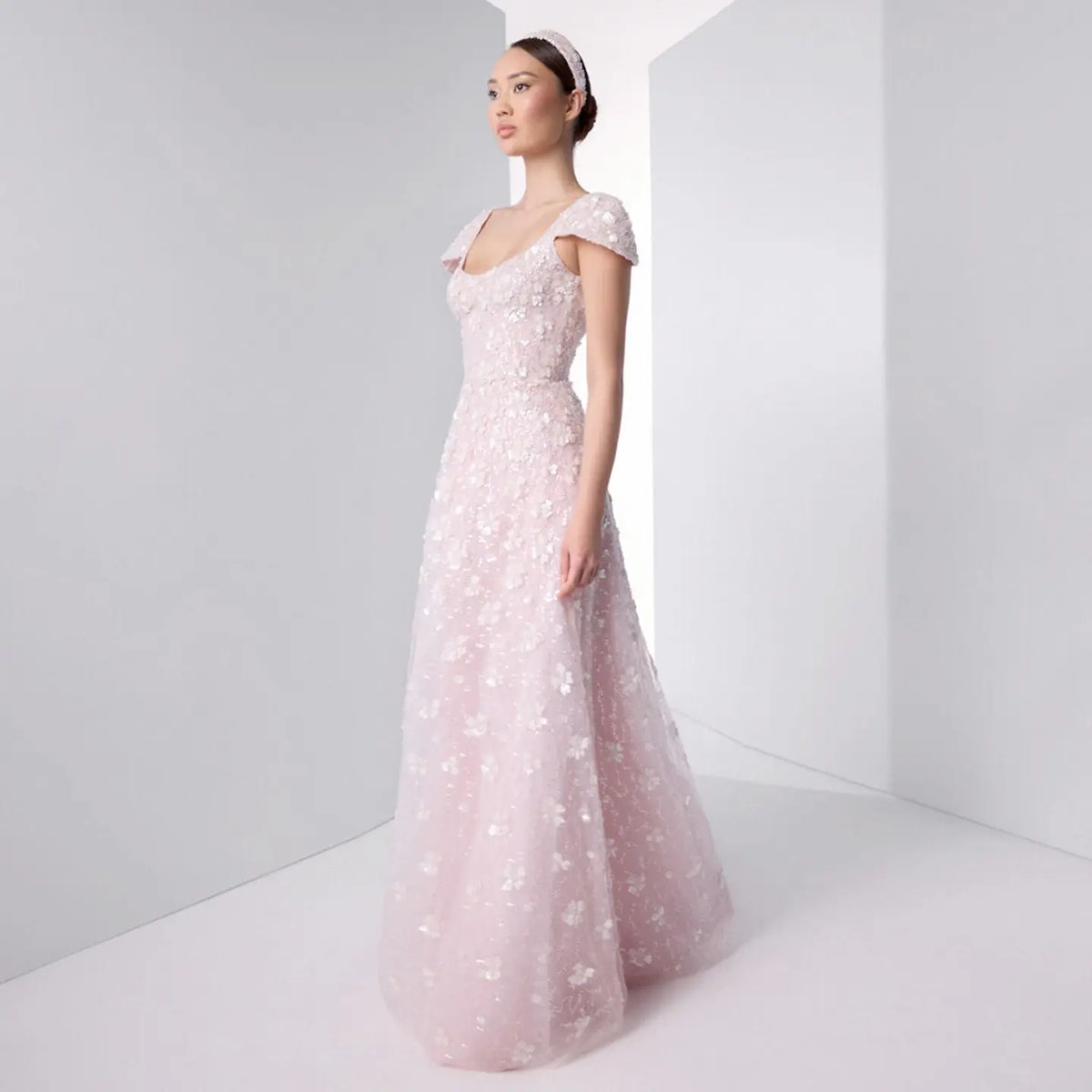 Square Neck Chic Pink Floral Evening Dress SS602