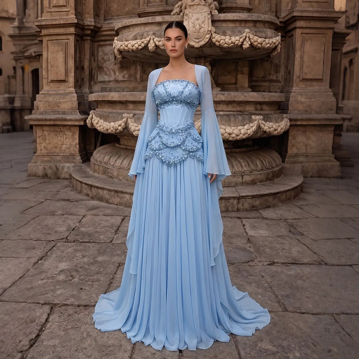 Luxury Pearls Tassel Blue and Yellow Evening Dress with Flowing Sleeves SS286