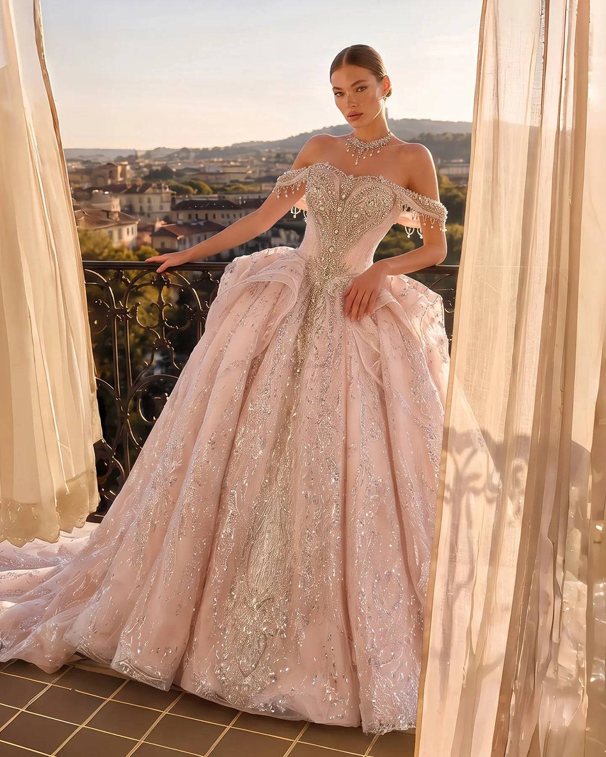 Pink Off Shoulder Crystal Ball Gown Wedding Dress SW609-1