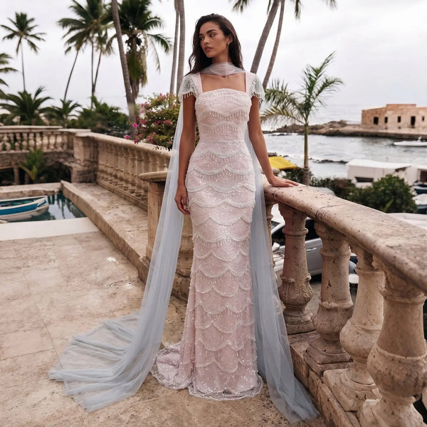 Gradient White Mermaid Square Sheer Evening Dress Long Side Tulle Overlay SS523