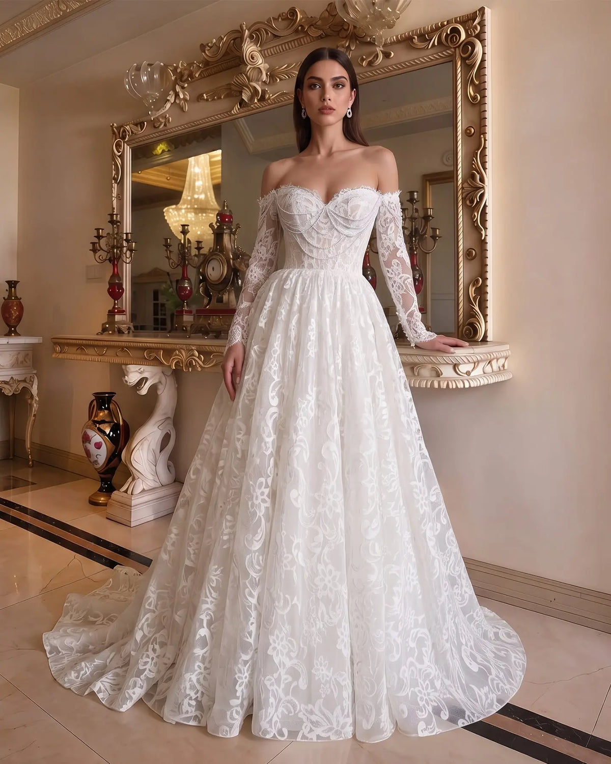 White Lace Long Sleeve A Line Wedding Dress-1