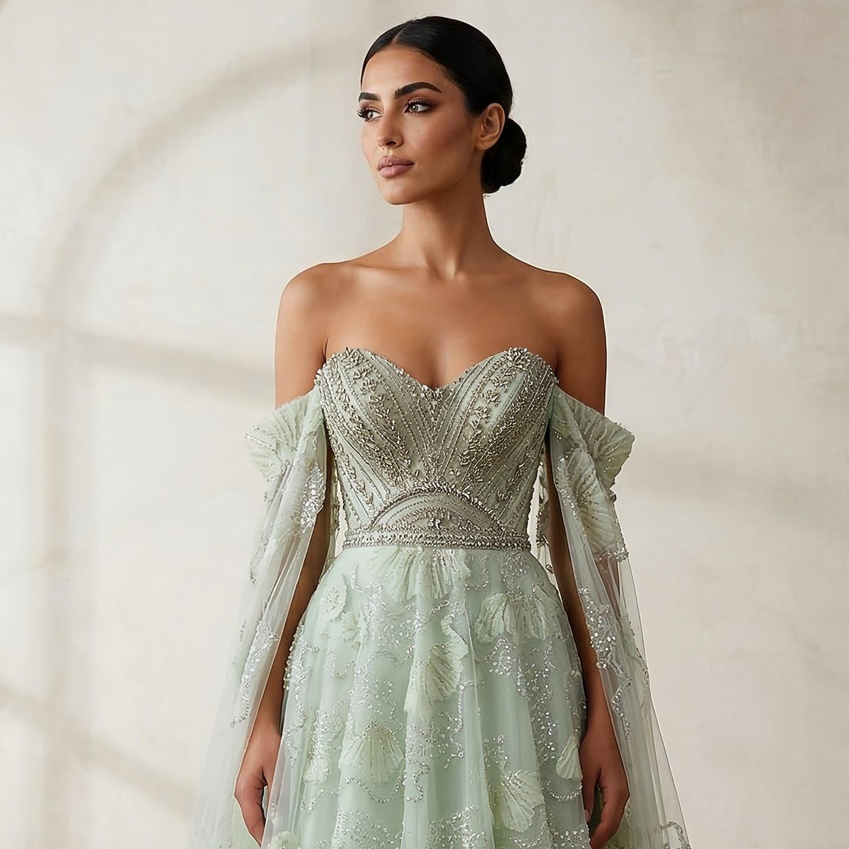 Luxury Sage Green Beaded Off-the-Shoulder Floral Tulle Evening Dress SS754 