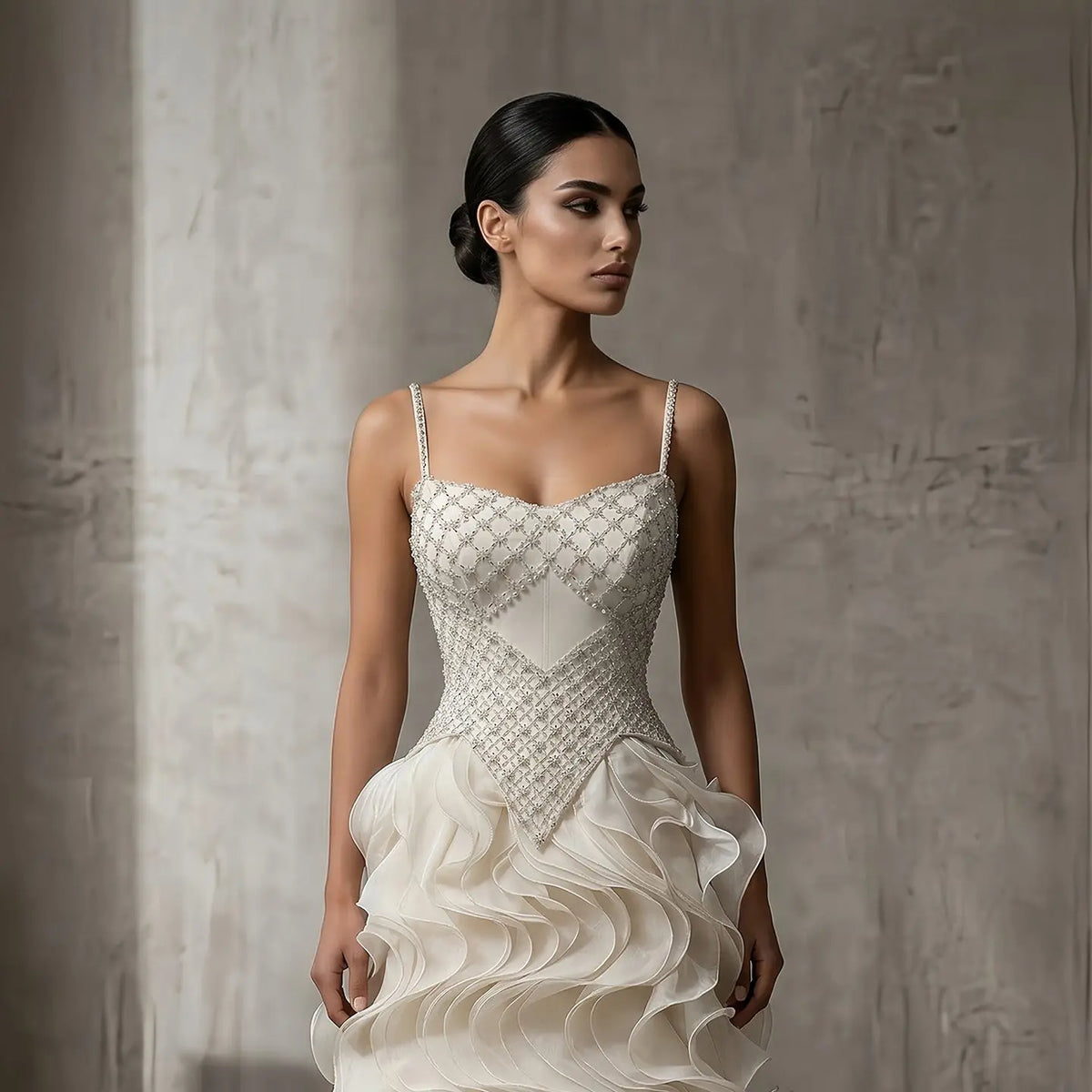 Sophisticated Beige Corset Bodice Ruffled Skirt Beaded Evening Dress SS257 