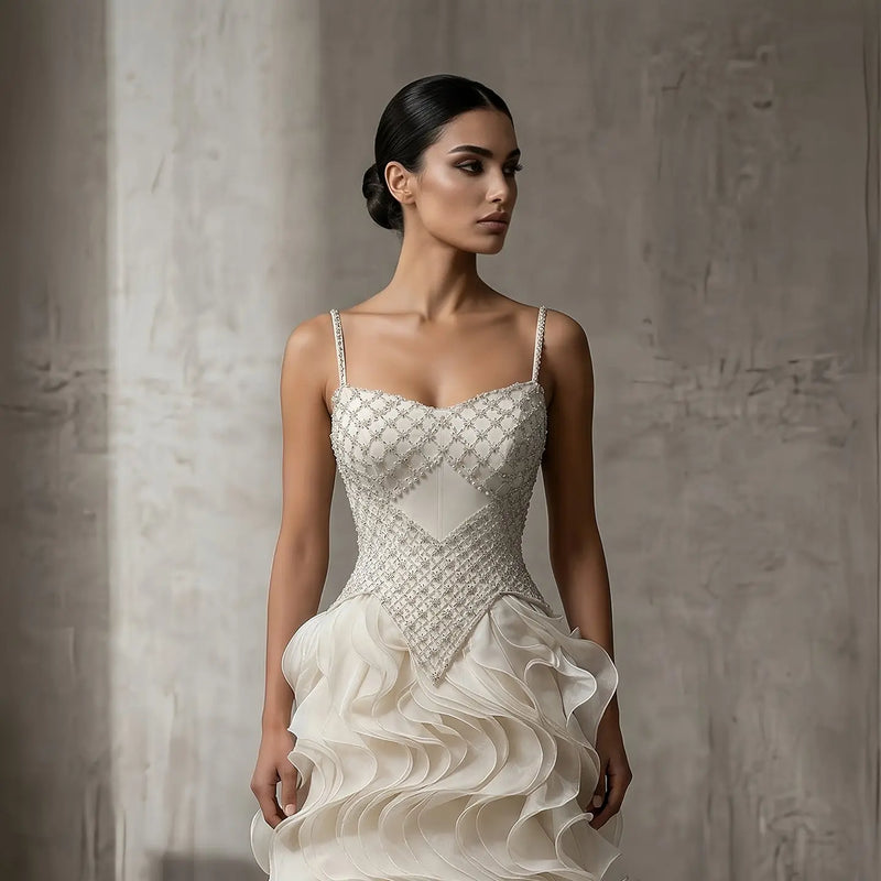 Sophisticated Beige Corset Bodice Ruffled Skirt Beaded Evening Dress SS257 