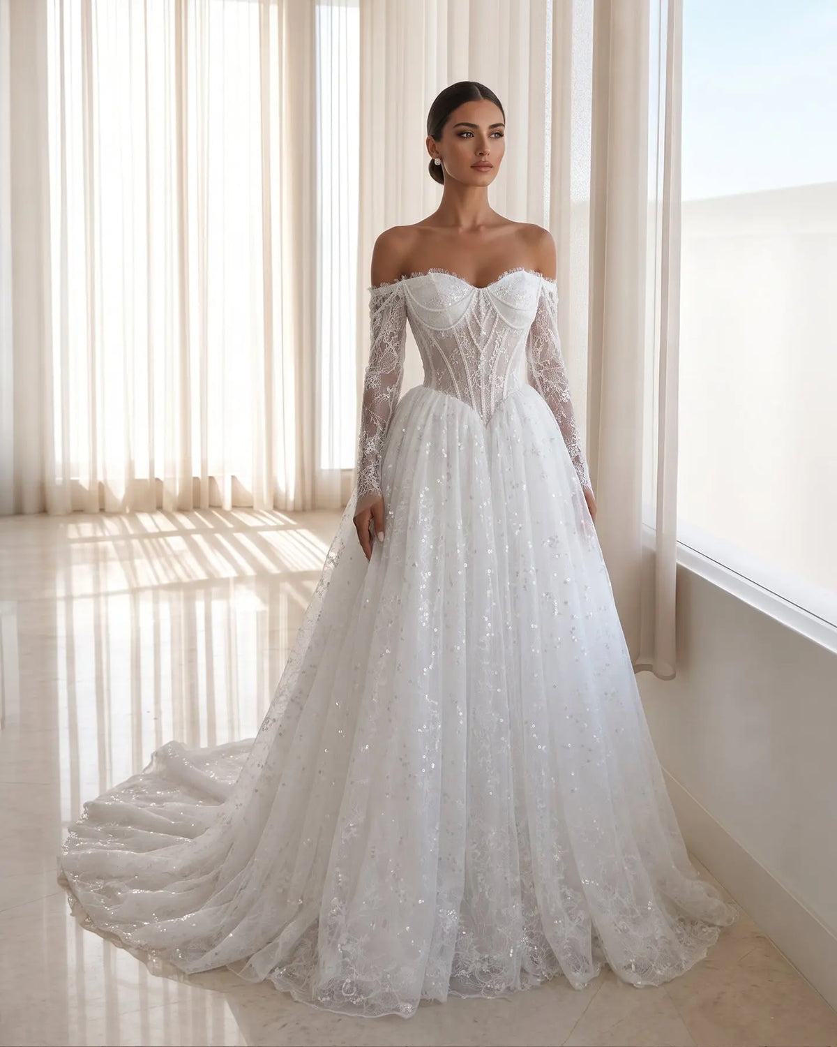 White Long Sleeve Lace Illusion Wedding Dress SW615-1