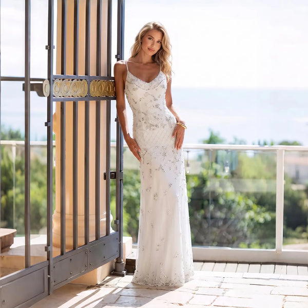 White Spaghetti Strap Beaded Rhinestone Backless Long Evening Dress SS576