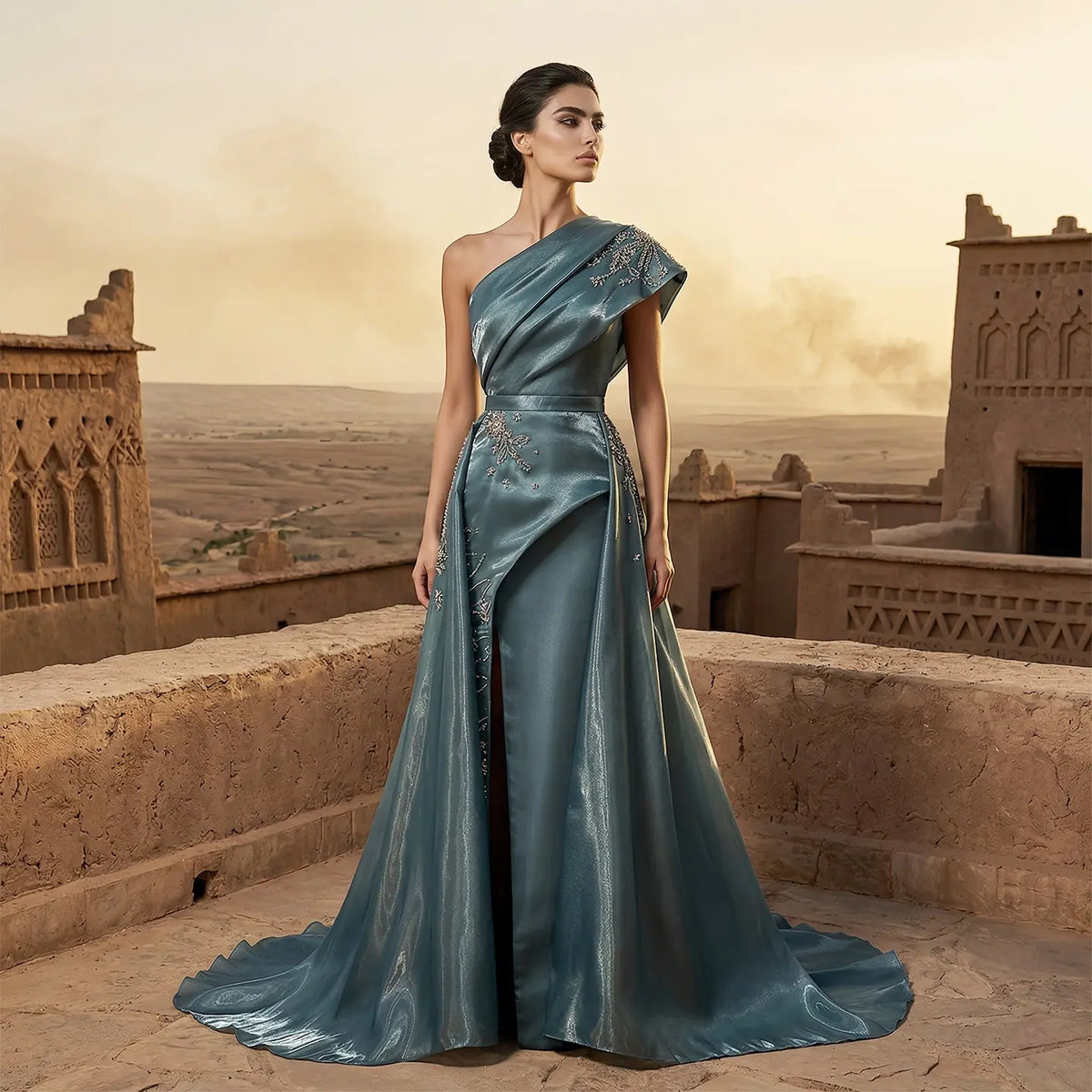 Glamorous Turquoise One-Shoulder Crystal Evening Dress with Overskirt SS600 