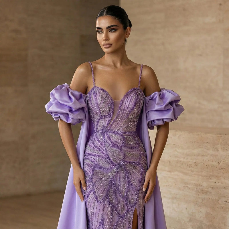 Luxury Lilac Beaded Cape High-Slit Evening Dress with Cap Sleeve SS157 