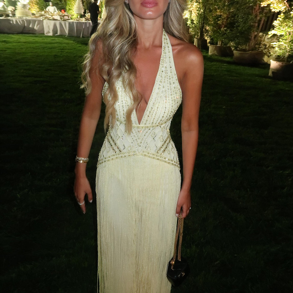 Exquisite Yellow Beaded Halter Neck Deep V Gala Evening Dress SS554 