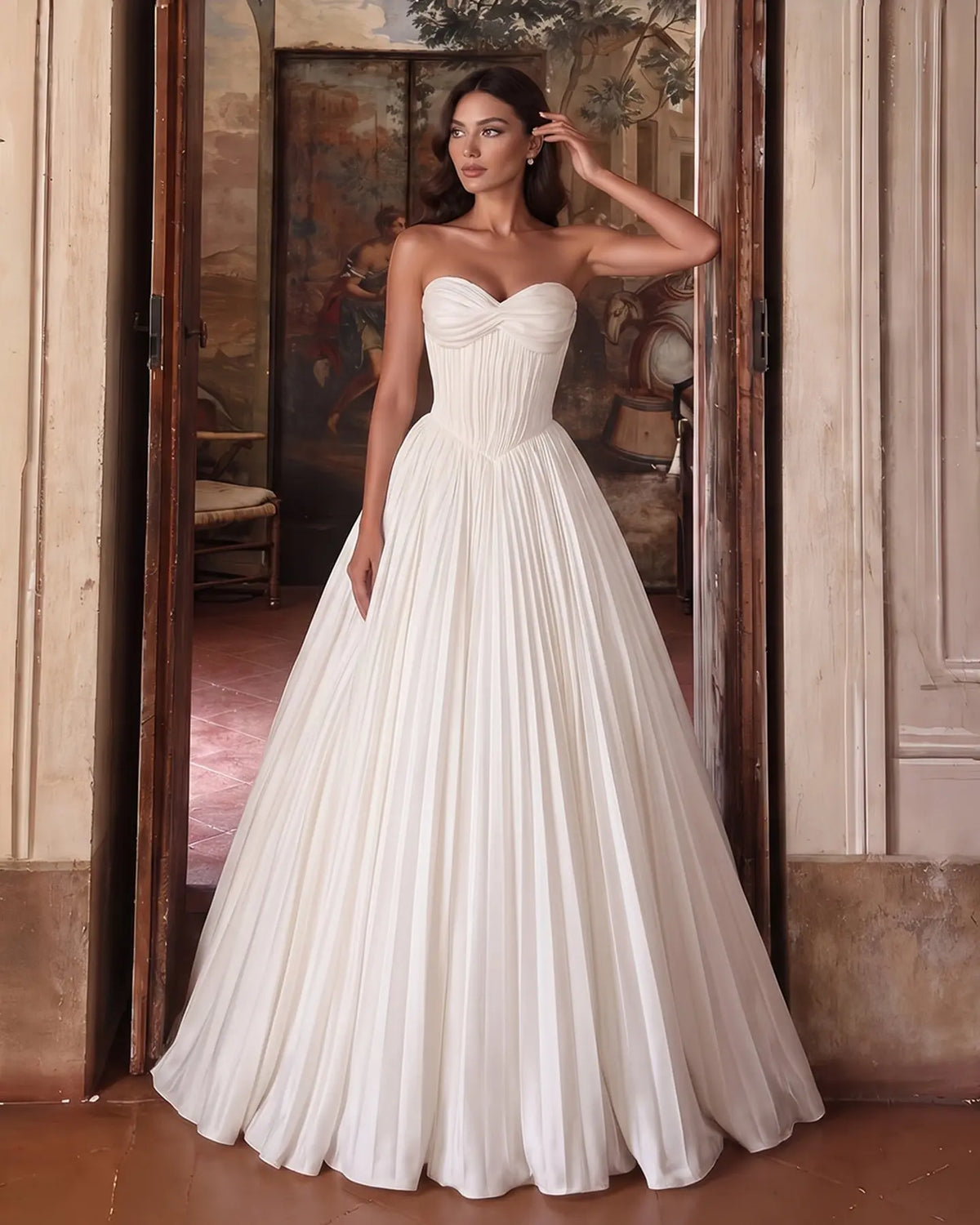 Ivory Strapless Pleated Corset Wedding Dress-1