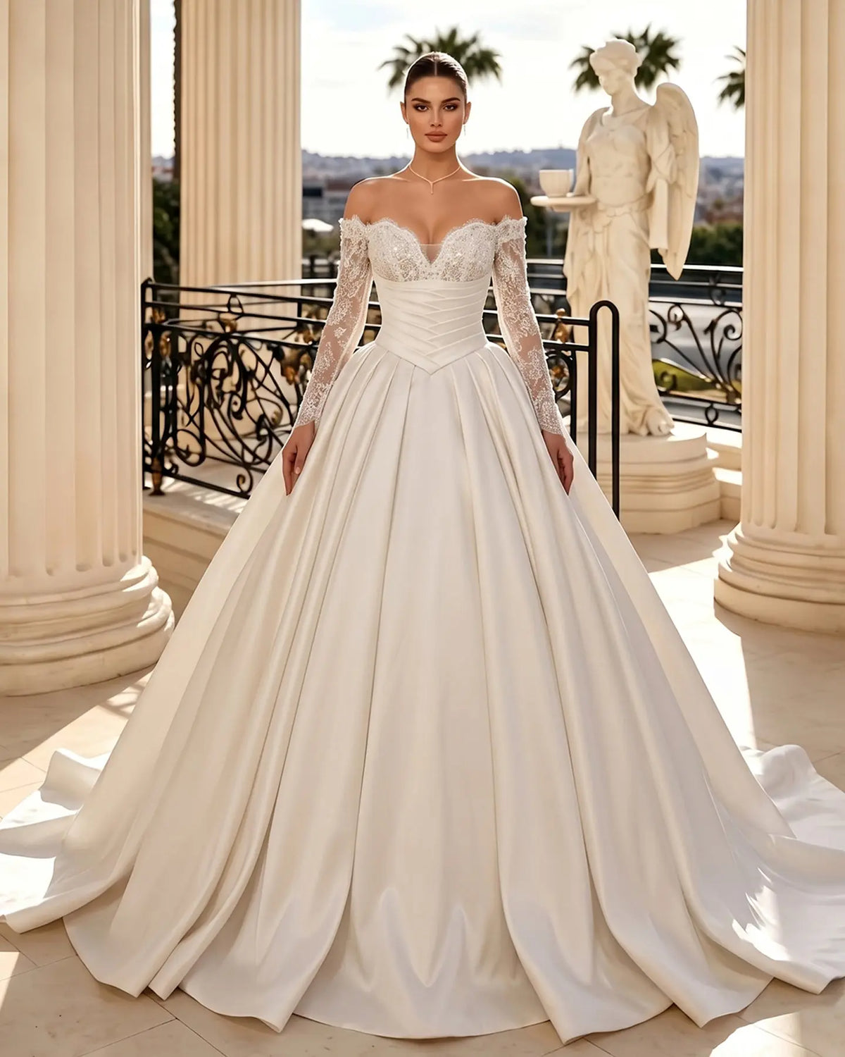 Ivory Off Shoulder Satin Ball Gown Wedding Dress SW688