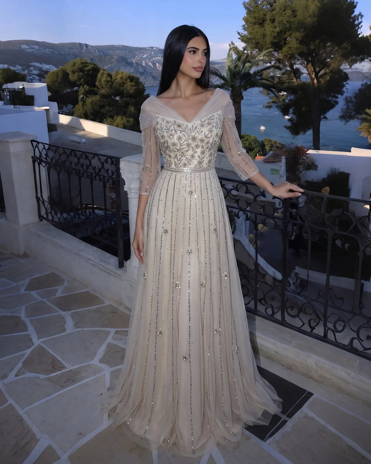 Beige Off Shoulder Long Sleeve Sequins Evening Gown SS421-1