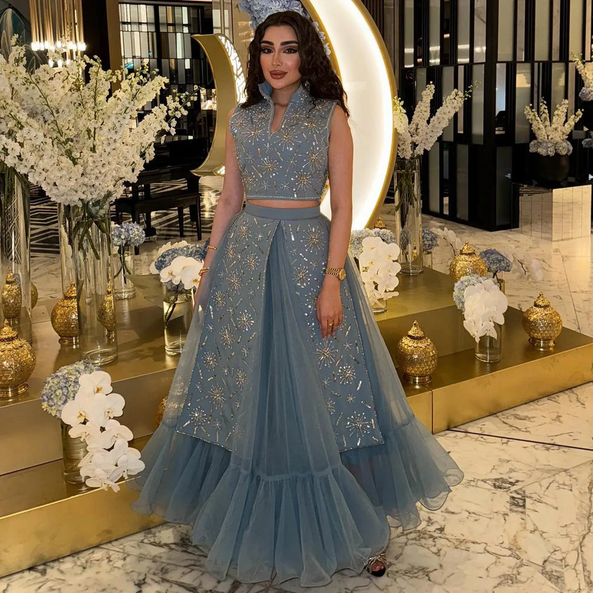 Final Sale Luxury Blue Beaded 2 pieces Evening Dress with ruffles SS597 Final Sale Luxury Blue Beaded 2 pieces Evening Dress with ruffles SS597