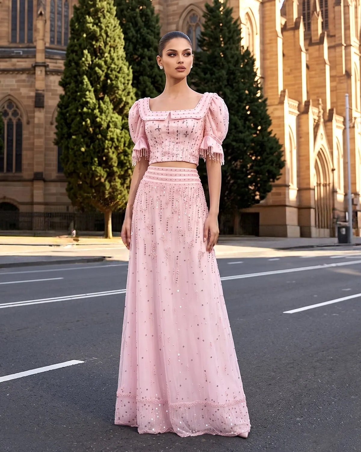Pink Sequin Puff Sleeve Two Piece Evening Dress SS548