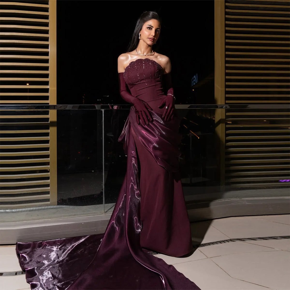 Romantic Burgundy Strapless Beaded Evening Dress with Statement Satin SHARONSAID Romantic Burgundy Strapless Beaded Evening Dress with Statement Satin SHARONSAID