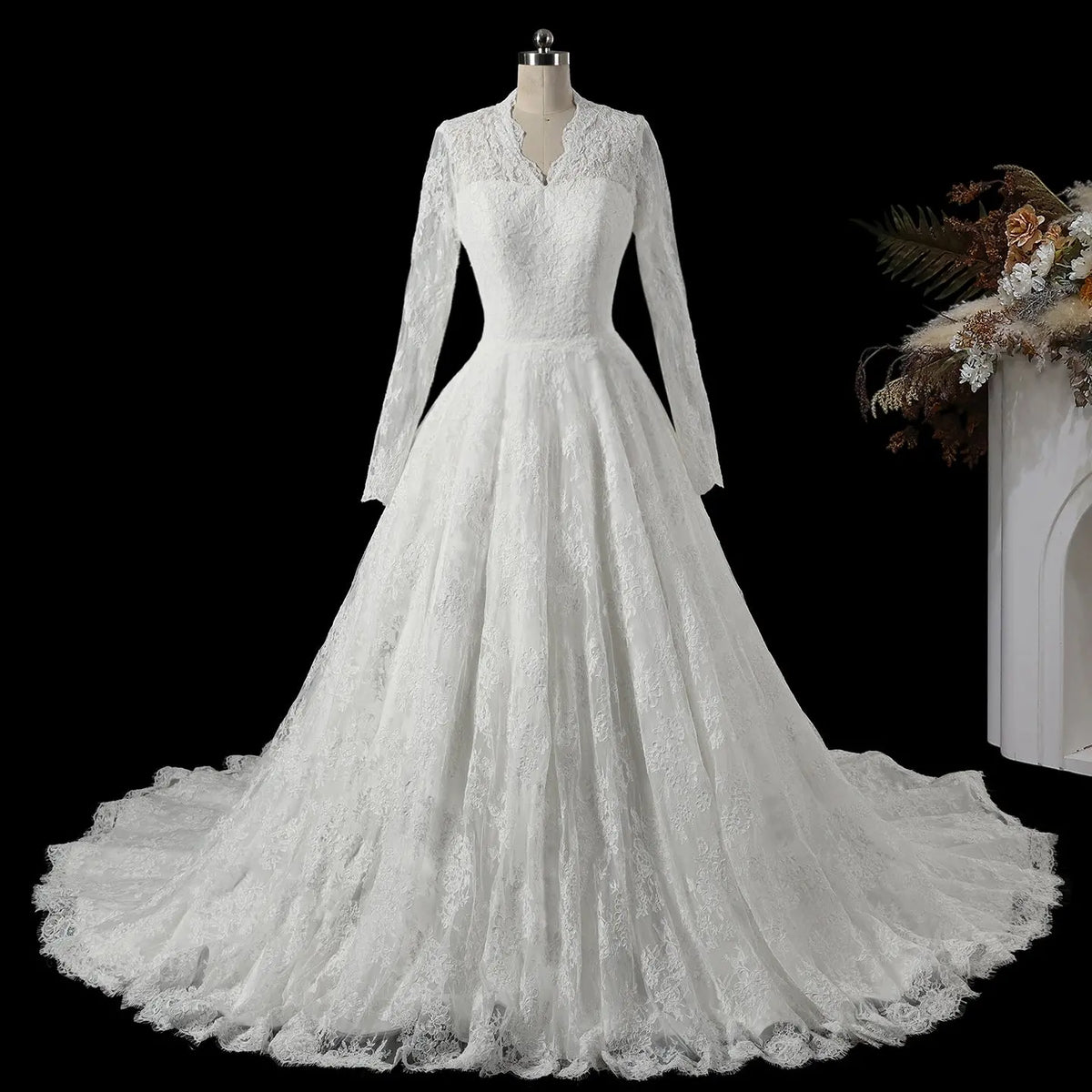 White Long Sleeve Lace A Line Wedding Dress SW747