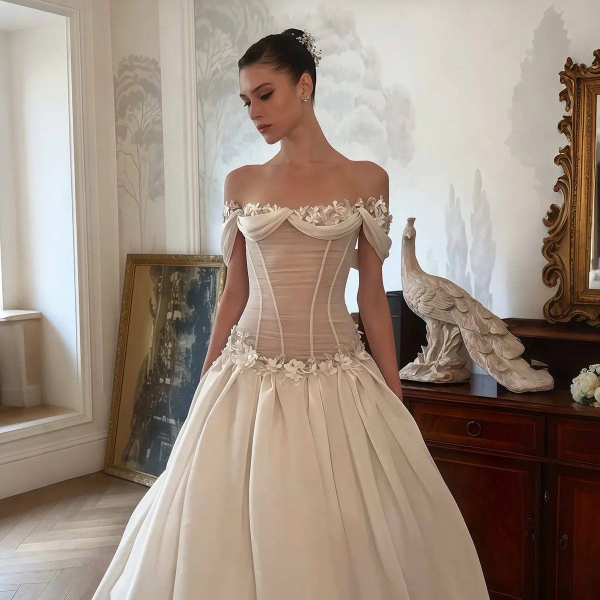 Elegant Ivory Off-the-Shoulder Floral Lace Ball Gown Wedding Dress SW229