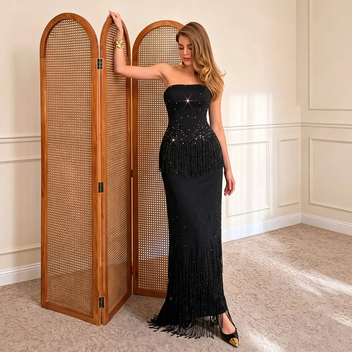 Elegant Black Beaded Evening Dress with Two Pieces SS425
