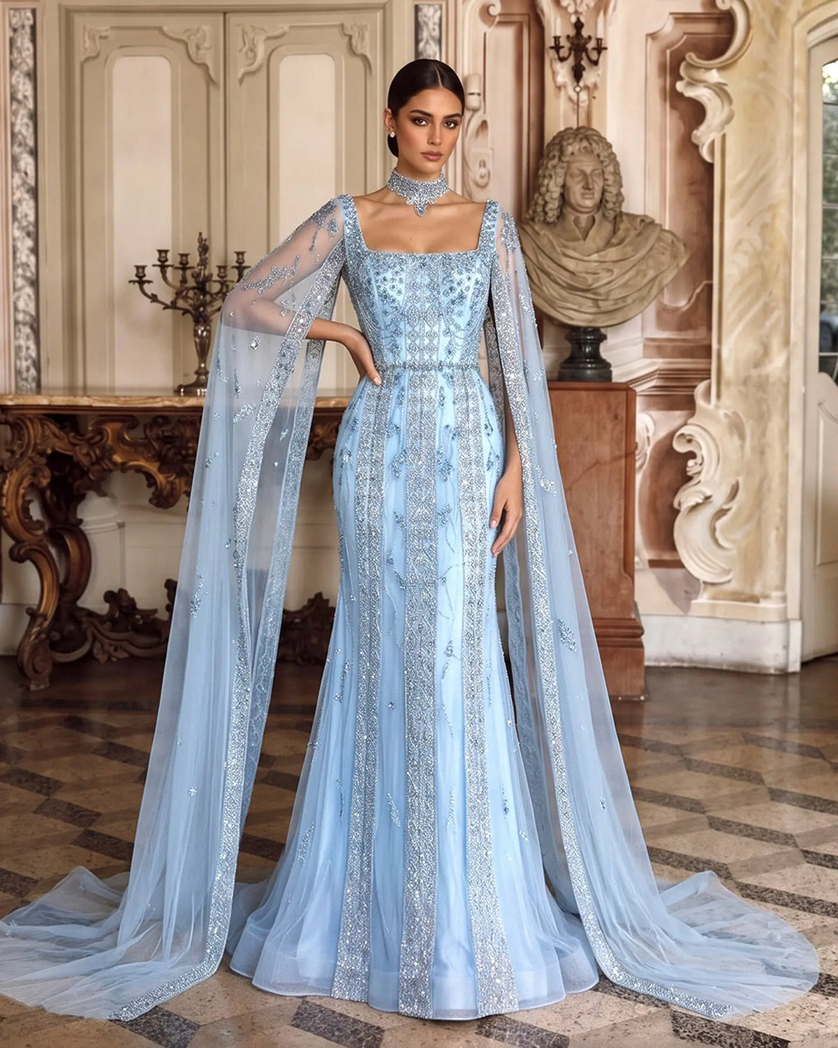 Blue Cape Sleeve Choker Evening Dress SS543