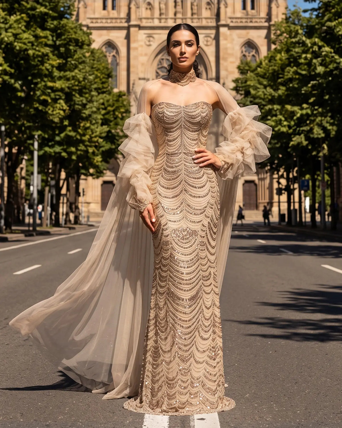 Gold Beading Tassel Cape Sleeve Evening Dress SS535