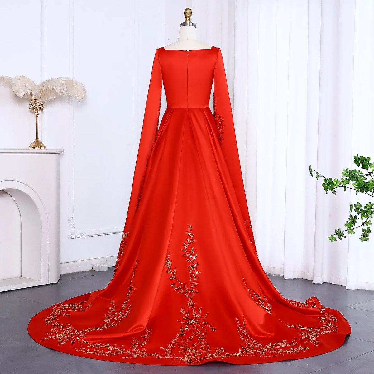 Elegant Red Evening Dress with Gold Floral Embroidery Cape Sleeves SS568