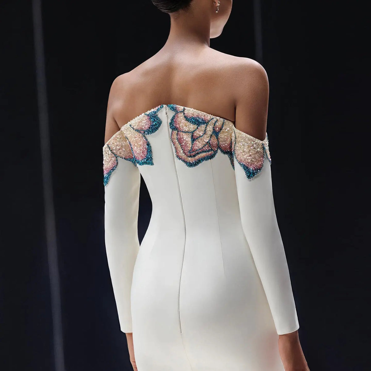 beaded off shoulder bodycon dress Terani Couture 241C2311 Off-Shoulder Sweetheart Beaded Tulle Bodycon Evening Dress Ivory / 2