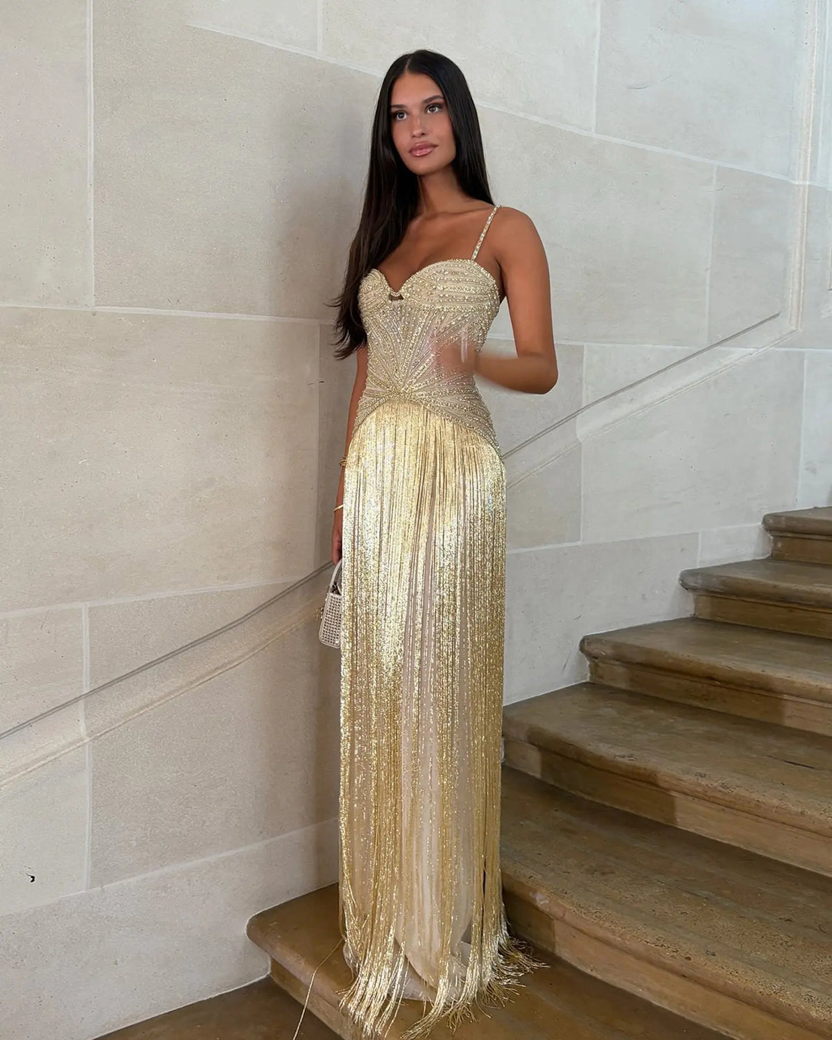 Champagne Beaded Tassel Mermaid Evening Dress SS522