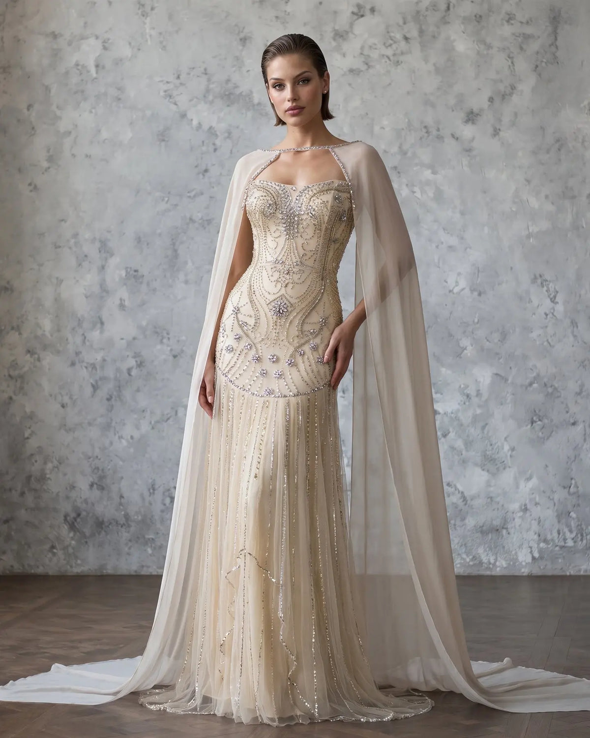 Yellow Cape Sleeve Mermaid Long Evening Dress SS526