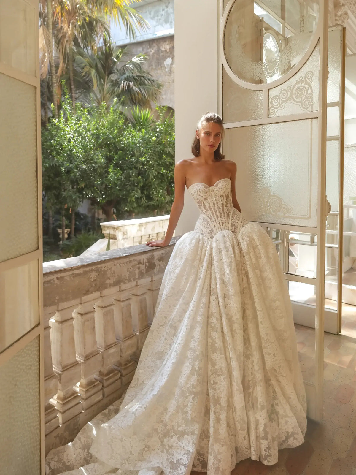 strapless bohemian wedding dress Lace strapless A-line wedding dress with detachable long sleeves